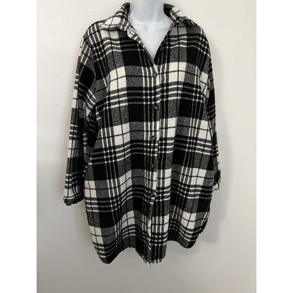 Women Flannel jacket Shacket My Beloved M Button Up Black White Plaid Pockets - Picture 1 of 6